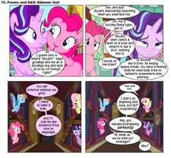 Size: 868x800 | Tagged: safe, artist:dziadek1990, fluttershy, pinkie pie, rainbow dash, starlight glimmer, twilight sparkle, pegasus, pony, comic:ponies and d&d, no second prances, over a barrel, conversation, dialogue, dungeons and dragons, emote story:ponies and d&d, indoors, pen and paper rpg, potty time, rpg, slice of life, text, train