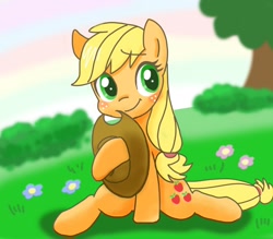 Size: 800x700 | Tagged: safe, artist:imo, applejack, earth pony, pony, blushing, cute, hat off, jackabetes, pixiv, sitting, solo