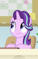 Size: 317x494 | Tagged: safe, screencap, starlight glimmer, pony, unicorn, a horse shoe-in, cropped, female, looking up, mare, sitting, solo