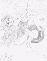 Size: 2471x3221 | Tagged: safe, artist:bigmacintosh2000, fluttershy, equestria girls, barefoot, clothes, dress, feet, monochrome, pencil drawing, smiling, swing, tire swing, traditional art