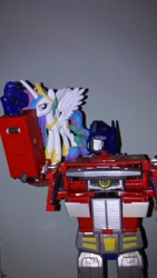 Size: 1440x2560 | Tagged: safe, artist:kartoon12, princess celestia, funko, irl, matrix of leadership, optimus prime, photo, toy, transformers