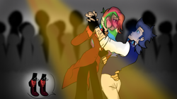 Size: 1280x720 | Tagged: safe, artist:soarindashbestship, derpibooru import, rainbow dash, soarin', human, clothes, dancing, female, fingerless gloves, gloves, goggles, humanized, male, shipping, soarindash, steampunk, straight, tiptoe, tumblr, vest