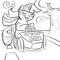 Size: 1000x1000 | Tagged: safe, artist:arcum89, derpibooru import, twilight sparkle, go kart, lineart, monochrome, solo