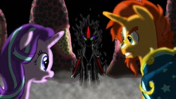 Size: 1280x720 | Tagged: safe, artist:crisostomo-ibarra, king sombra, starlight glimmer, sunburst, pony, umbrum, unicorn, angry, cloak, clothes, darkness