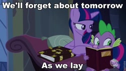 Size: 640x360 | Tagged: safe, derpibooru import, spike, twilight sparkle, twilight sparkle (alicorn), alicorn, dragon, pony, as we lay, female, male, mare, meme, shipping, shirley murdock, song reference, spike blushing at a book meme, straight, twilight's bad pickup lines, twispike