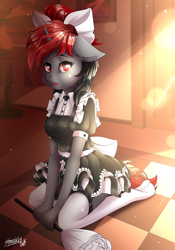 Size: 3640x5200 | Tagged: safe, artist:sparklyon3, oc, anthro, plantigrade anthro, unicorn, clothes, commission, dress, finished, maid, missing shoes, outfit, rcf community, socks, solo, stockings, thigh highs, ych result