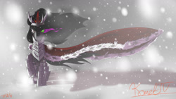 Size: 1600x900 | Tagged: safe, artist:kometiv, derpibooru import, king sombra, pony, unicorn, armor, dark magic, flowing mane, magic, snow, snowfall, solo, sombra eyes, windswept mane