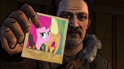 Size: 656x368 | Tagged: safe, applejack, pinkie pie, earth pony, pony, carver, carver (the walking dead), duckface, photo, the walking dead, the walking dead game, the walking dead game season 2