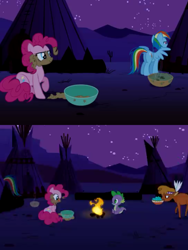 Size: 480x640 | Tagged: safe, derpibooru import, screencap, little strongheart, pinkie pie, rainbow dash, spike, dragon, earth pony, pegasus, pony, over a barrel, animation error, bowl, campfire