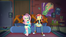 Size: 1920x1080 | Tagged: safe, screencap, fluttershy, sunset shimmer, better together, equestria girls, game stream, converse, headphones, headset, microphone, psycho gamer sunset, shoes, sneakers