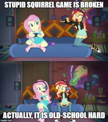 Size: 500x562 | Tagged: safe, screencap, fluttershy, sunset shimmer, better together, equestria girls, game stream, caption, gamershy, gaming, headphones, headset, image macro, psycho gamer sunset, sunset gamer, text