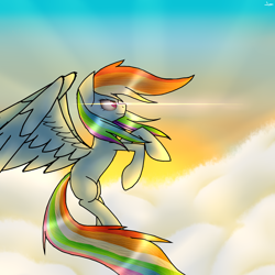 Size: 3000x3000 | Tagged: safe, artist:lilie-pucisse, derpibooru import, rainbow dash, pegasus, pony, backlighting, cloud, flying, sky, smiling, solo, spread wings, sun, sunrise, wings