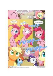 Size: 3541x5016 | Tagged: safe, artist:gashiboka, derpibooru import, applejack, fluttershy, pinkie pie, rainbow dash, rarity, earth pony, pegasus, pony, unicorn, comic:recall the time of no return, comic, patreon, patreon logo