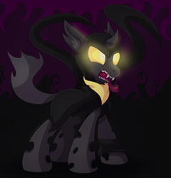 Size: 1522x1583 | Tagged: safe, artist:pearlyiridescence, derpibooru import, oc, oc only, oc:flavis, changeling, angry, changeling oc, cloak, clothes, forked tongue, glowing eyes, hood, male, scarf, sharp teeth, solo, teeth, tentacles, tongue out, yellow changeling