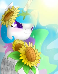 Size: 1189x1518 | Tagged: safe, artist:nuttypanutdy, princess celestia, alicorn, pony, bust, colored pupils, portrait, solo, sunflower