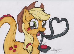 Size: 1230x900 | Tagged: safe, artist:shikogo, derpibooru import, applejack, monster pony, original species, tatzlpony, apple, food, hat, heart, looking at you, signature, solo, species swap, tatzljack, tentacle tongue, tentacles, traditional art