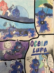 Size: 2158x2905 | Tagged: safe, artist:darkest-lunar-flower, princess celestia, princess luna, alicorn, pony, luna is not amused, ocean, sky, sunburn, traditional art