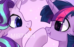 Size: 993x637 | Tagged: safe, artist:mirtash, starlight glimmer, twilight sparkle, pony, unicorn, :p, :t, boop, duo, female, floppy ears, looking at each other, mare, obtrusive watermark, raised hoof, scrunchy face, smiling, tongue out, twilight is not amused, unamused, watermark