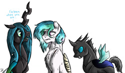 Size: 1200x700 | Tagged: safe, artist:shimazun, princess celestia, queen chrysalis, alicorn, changeling, changeling queen, pony, bandage, missing horn, scar