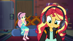 Size: 1920x1080 | Tagged: safe, screencap, fluttershy, sunset shimmer, better together, equestria girls, game stream, gamer sunset, gamershy, headphones, headset