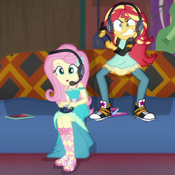 Size: 898x898 | Tagged: safe, screencap, fluttershy, sunset shimmer, better together, equestria girls, game stream, converse, cropped, gamer sunset, gamershy, headphones, headset, shoes, sneakers