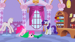 Size: 1366x768 | Tagged: safe, screencap, pinkie pie, rarity, earth pony, pony, unicorn, suited for success, female, horn, mare