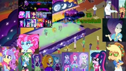 Size: 2048x1152 | Tagged: safe, edit, edited screencap, screencap, adagio dazzle, applejack, aria blaze, cranky doodle donkey, dirk thistleweed, fluttershy, kiwi lollipop, lemon zack, max steele, microchips, pinkie pie, princess celestia, princess luna, princess thunder guts, principal celestia, rainbow dash, rarity, sci-twi, sonata dusk, starlight glimmer, sunset shimmer, supernova zap, twilight sparkle, vice principal luna, vignette valencia, dog, better together, choose your own ending, equestria girls, find the magic, inclement leather, inclement leather: vignette valencia, lost and pound, mirror magic, rainbow rocks, sunset's backstage pass!, the road less scheduled, the road less scheduled: celestia, the road less scheduled: microchips, spoiler:eqg specials, background human, clothes, fanfic, fanfic art, fanfic cover, how to backstage, oxford brush, the dazzlings