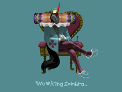 Size: 1024x768 | Tagged: safe, artist:bgn, derpibooru import, king sombra, anthro, unicorn, blue background, clothes, crown, katamari damacy, king of all cosmos, male, simple background, slippers, wtf
