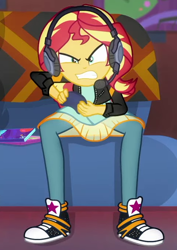 Size: 482x680 | Tagged: safe, screencap, sunset shimmer, better together, equestria girls, game stream, converse, cropped, gamer sunset, headphones, shoes, sneakers