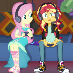 Size: 772x773 | Tagged: safe, screencap, fluttershy, sunset shimmer, better together, equestria girls, game stream, converse, cropped, gamer sunset, gamershy, headphones, shoes, sneakers