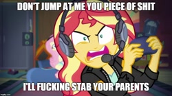 Size: 888x499 | Tagged: safe, screencap, fluttershy, sunset shimmer, equestria girls, equestria girls series, game stream, spoiler:eqg series (season 2), caption, game grumps, grumpset shimmer, headphones, headset, image macro, impact font, meme, not so grumpershy, rage, sunset gamer, text, vulgar