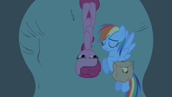 Size: 1280x720 | Tagged: safe, derpibooru import, screencap, pinkie pie, rainbow dash, earth pony, pegasus, pony, party of one, eyes closed, saddle bag