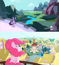 Size: 1435x1573 | Tagged: safe, derpibooru import, screencap, pinkie pie, twilight sparkle, earth pony, pony, pinkie pride, the crystal empire, comparison, hub logo, pinkie's lament, the failure song