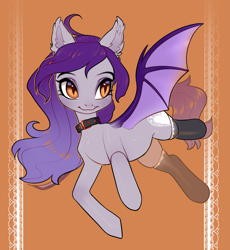 Size: 2535x2754 | Tagged: safe, artist:aphphphphp, oc, oc only, oc:belle nuit, bat pony, pony, bat pony oc, clothes, collar, cutie mark, ear fluff, female, mare, smiling, socks, solo, stockings, thigh highs