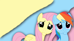 Size: 2560x1440 | Tagged: safe, derpibooru import, fluttershy, rainbow dash, pegasus, pony, trade ya, duo, pouting, vector, wallpaper, wide eyes