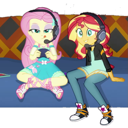 Size: 601x600 | Tagged: safe, artist:php77, edit, edited screencap, editor:php77, screencap, fluttershy, sunset shimmer, better together, equestria girls, game stream, background removed, converse, gamer sunset, gamershy, headphones, headset, not a vector, shoes, sneakers, sunset gamer, tongue out