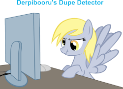 Size: 1000x728 | Tagged: artist needed, safe, derpibooru import, derpy hooves, pegasus, pony, caption, computer, computer mouse, derpibooru, derpibooru ponified, derpy hooves tech support, desk, dupe detector, english, female, funny, humor, mare, meta, ponified, screen, scrunchy face, simple background, solo, spread wings, support, table, tech support, transparent background, wings