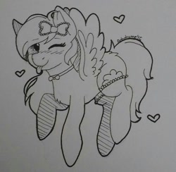 Size: 1346x1312 | Tagged: safe, artist:adostume, oc, oc only, pegasus, pony, blushing, bow, bowtie, clothes, hair bow, heart, one eye closed, raspberry, smiling, solo, stockings, thigh highs, tongue out, traditional art, wink