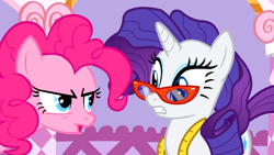 Size: 1366x768 | Tagged: safe, screencap, pinkie pie, rarity, earth pony, pony, unicorn, suited for success, female, horn, mare