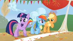 Size: 2560x1440 | Tagged: safe, derpibooru import, screencap, applejack, rainbow dash, twilight sparkle, earth pony, pegasus, pony, fall weather friends, ei, female, hub logo, trio, trio female