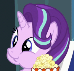 Size: 337x321 | Tagged: safe, screencap, starlight glimmer, pony, unicorn, the crystalling, animated, aweeg*, bust, chewing, cropped, cute, eating, food, gif, glimmerbetes, popcorn, portrait, solo