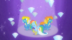 Size: 1280x720 | Tagged: safe, derpibooru import, screencap, blaze, rainbow dash, surprise, pegasus, pony, the best night ever, clothes, diamond, dress, eyes closed, female, gala dress, spotlight, trio, trio female, uniform, wonderbolts, wonderbolts uniform