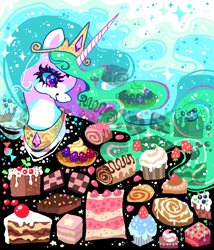 Size: 666x777 | Tagged: safe, artist:njeekyo, princess celestia, alicorn, pony, cake, cakelestia, candy, cinnamon bun, cookie, cupcake, food, solo, sweets