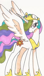 Size: 983x1701 | Tagged: safe, artist:colorfullcomics, princess celestia, alicorn, pony, simple background, solo, spread wings, traditional art