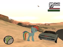 Size: 1280x960 | Tagged: safe, derpibooru import, screencap, rainbow dash, pegasus, pony, 3d, car, grand theft auto, gta san andreas, knight rider, plane, pontiac firebird