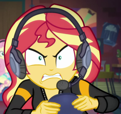 Size: 1150x1080 | Tagged: safe, screencap, sunset shimmer, better together, equestria girls, game stream, angry, cropped, cute, gamer sunset, headphones, madorable, rageset shimmer, shimmerbetes, shrunken pupils, sunset gamer