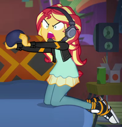 Size: 788x819 | Tagged: safe, screencap, sunset shimmer, better together, equestria girls, game stream, converse, cropped, female, gamer sunset, headphones, headset, rageset shimmer, shoes, shrunken pupils, sneakers, solo, sunset gamer