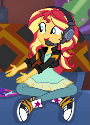 Size: 455x631 | Tagged: safe, screencap, sunset shimmer, better together, equestria girls, game stream, converse, cropped, gamer sunset, headphones, headset, shoes, sneakers, solo, sunset gamer