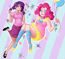 Size: 1500x1355 | Tagged: safe, artist:emberfan11, pinkie pie, sugar belle, human, the cutie map, balloon, cupcake, curvy, humanized, nail polish