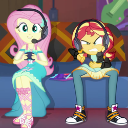 Size: 789x789 | Tagged: safe, screencap, fluttershy, sunset shimmer, better together, equestria girls, game stream, converse, cropped, gamer sunset, gamershy, geode of fauna, headphones, magical geodes, shoes, sneakers